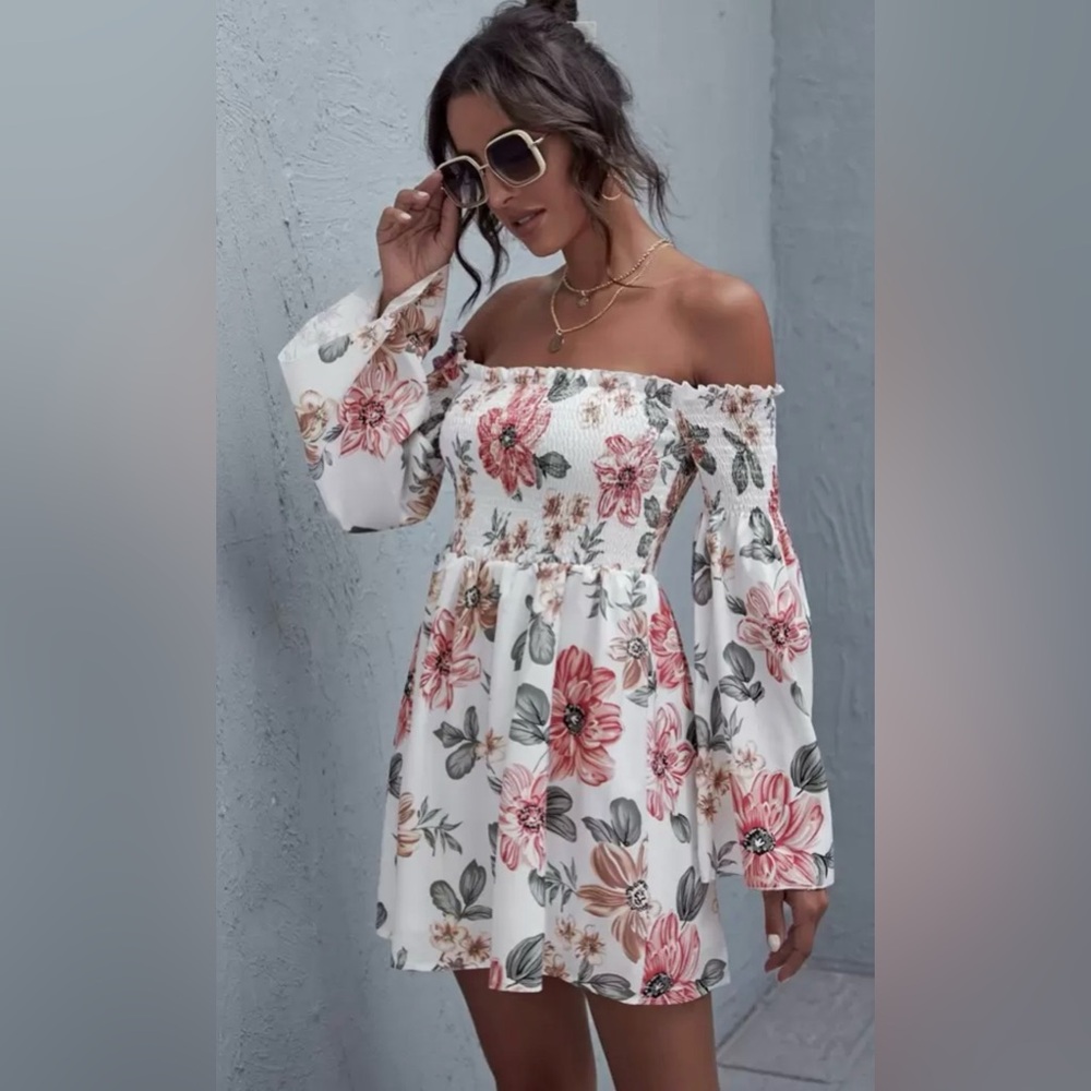 Off-Shoulder White Floral Midi Dress with Pink Blooms